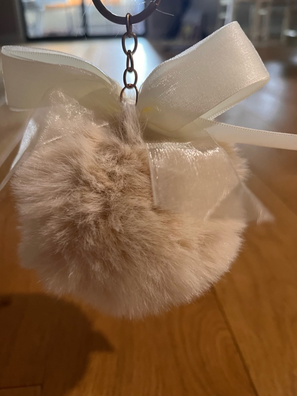Faux Fur Pom Pom Keychain with Satin Bow - Blush